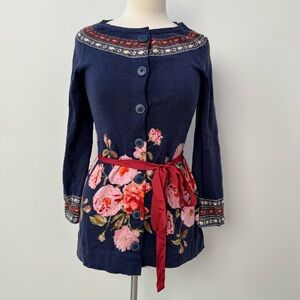 Anthropologie Sparrow Navy Knit Cardigan with Red and Cream Folk Trim Size S